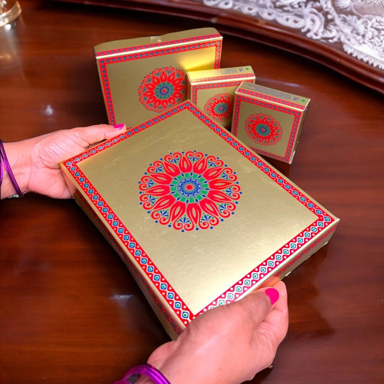 Sweet Boxes for Indian Sweets Mandala Design Empty Mithai Box for Ladoo Cookies Goodies Candy Handmade Bulk Gift Boxes for Wedding Pooja Housewarming Return Gifts